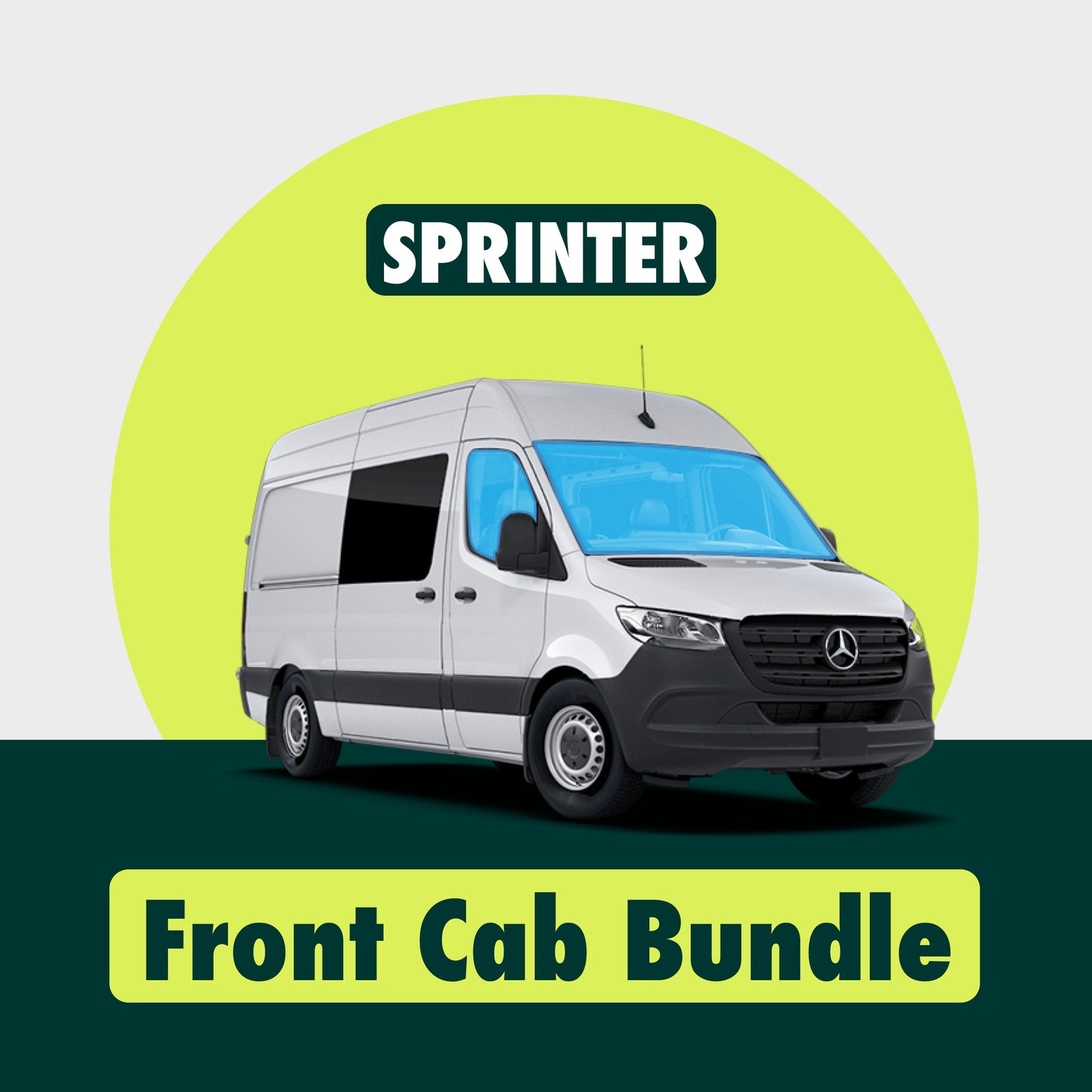 Visual demonstration showing the placement of Sprinter front cab window covers highlighted in blue, including covers for the windshield and two side windows, illustrating their precise fit and coverage.