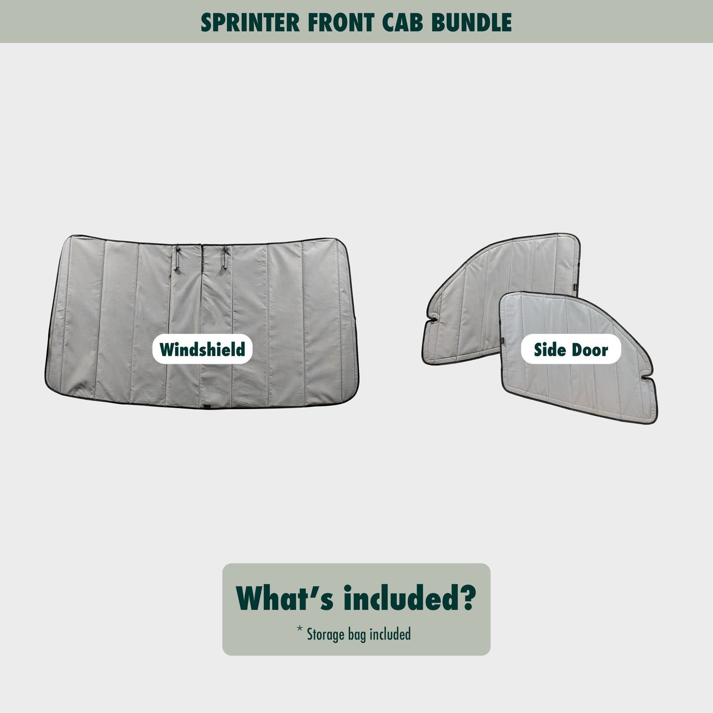 Flat lay image showcasing the Sprinter windshield and side door covers bundled together, highlighting their size, shape, and durable material.