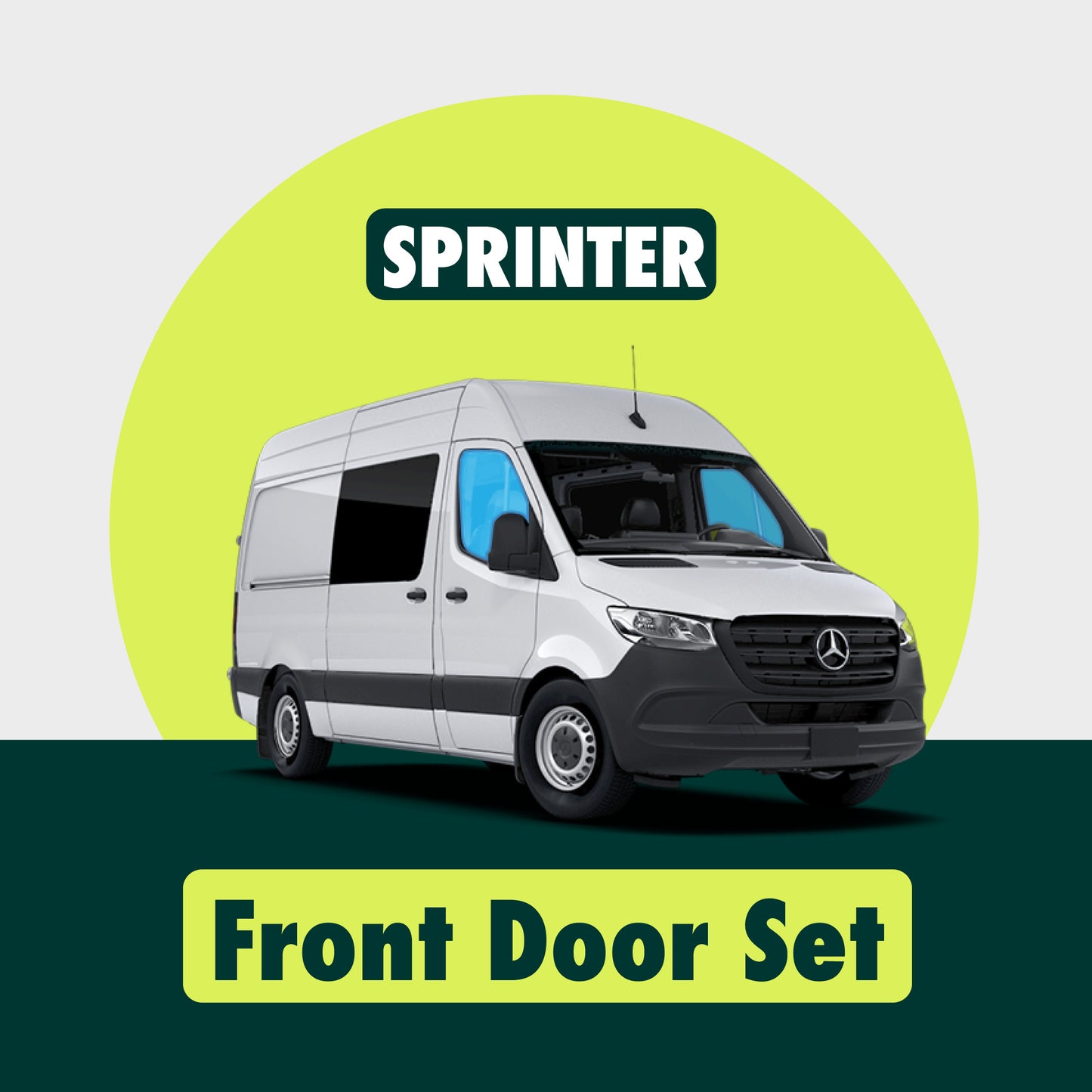 Visual demonstration showing the placement of Sprinter front door window covers highlighted in blue, illustrating their precise fit and coverage.