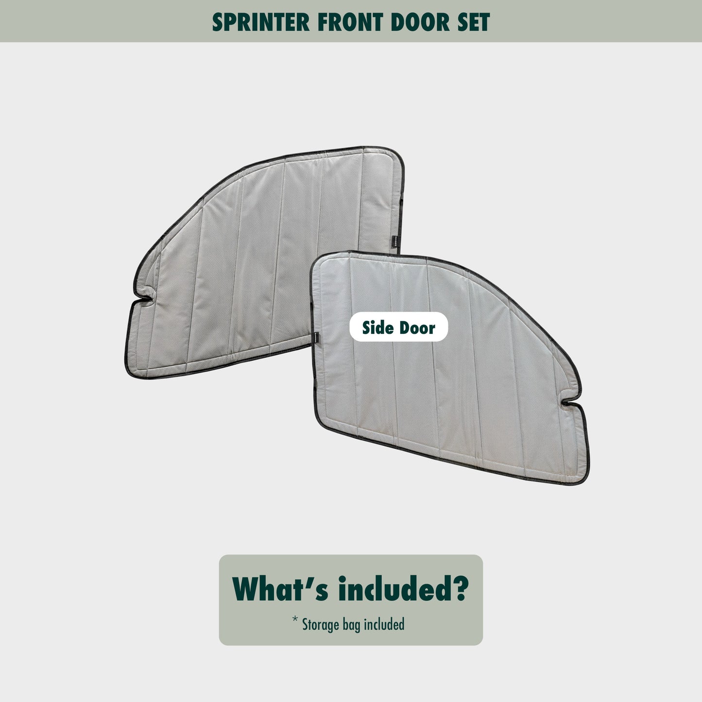 Flat lay image showcasing the Sprinter front door covers, highlighting their size, shape, and durable material.