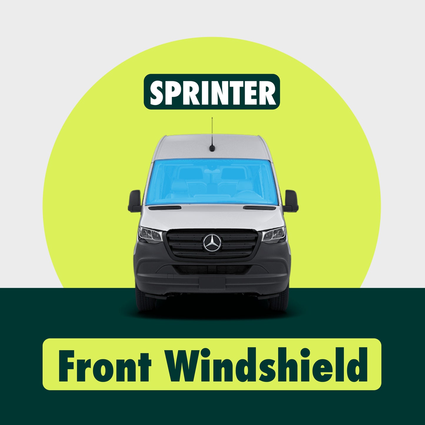 Visual demonstration showing the placement of Sprinter windshield window covers highlighted in blue, illustrating its precise fit and coverage.