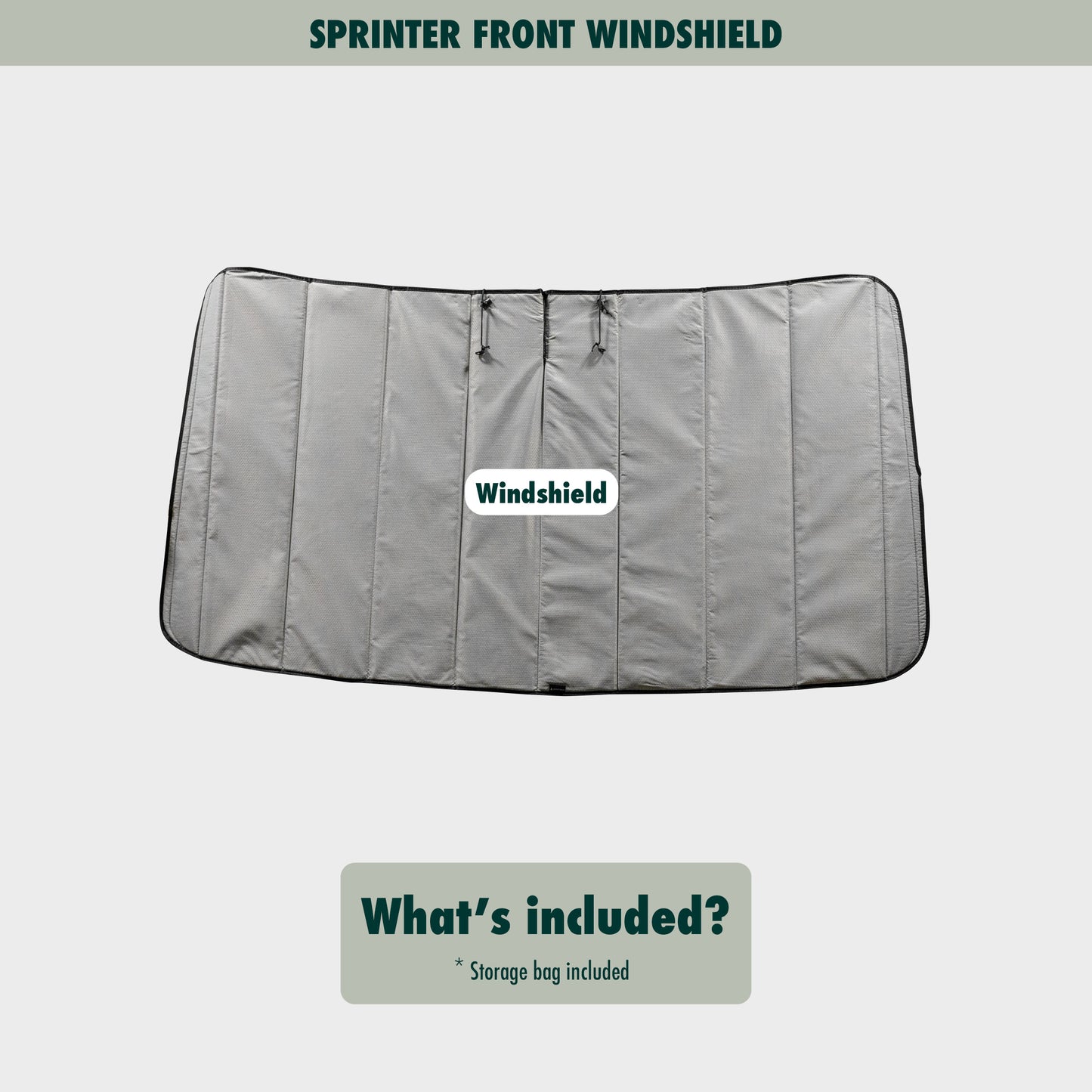 Flat lay image showcasing the Sprinter windshield cover, highlighting its size, shape, and durable material.