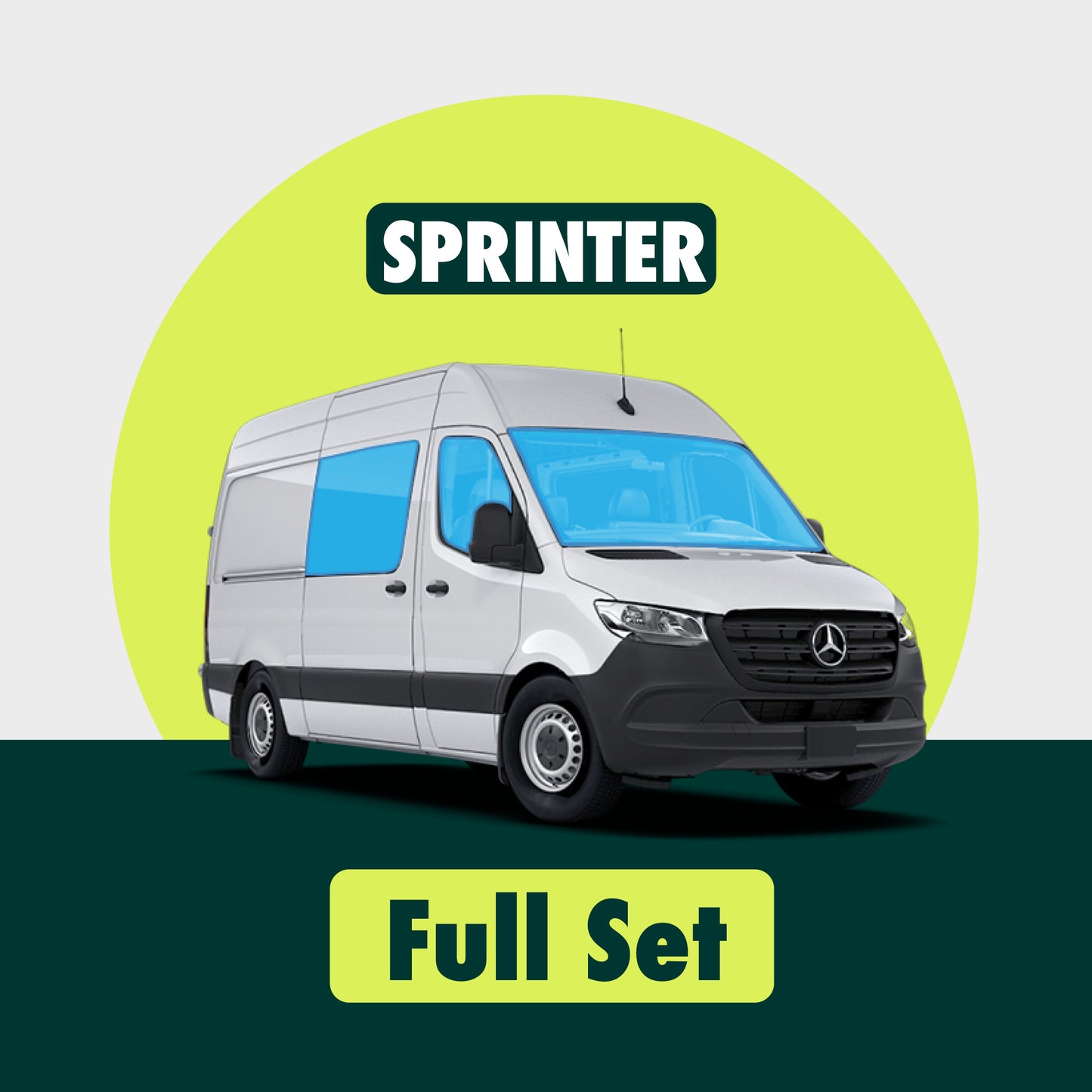 Visual demonstration showing the placement of Sprinter window covers highlighted in blue, including covers for the windshield, two side windows, sliding door window and the rear windows, illustrating their precise fit and coverage.
