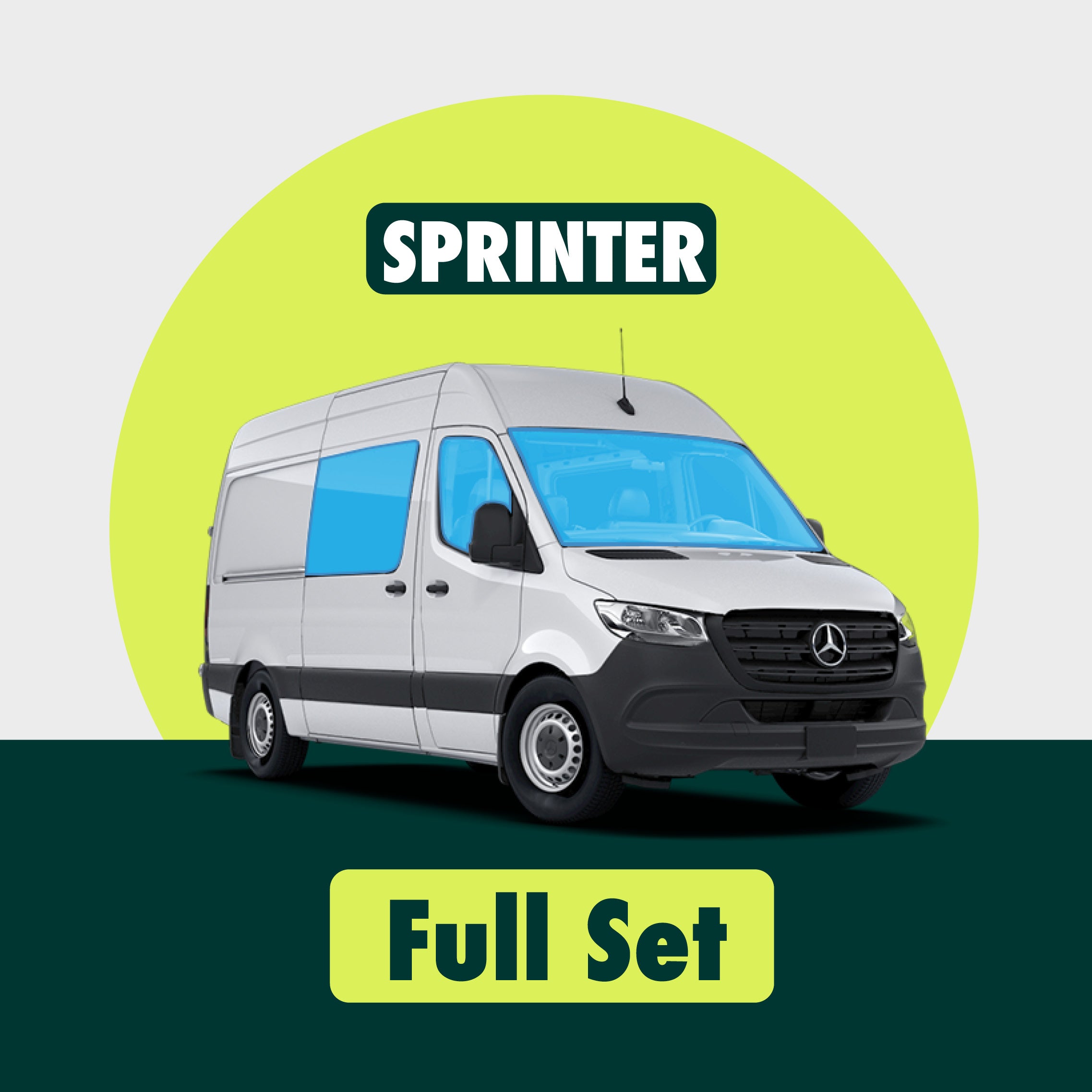 Visual demonstration showing the placement of Sprinter window covers highlighted in blue, including covers for the windshield, two side windows, sliding door window and the rear windows, illustrating their precise fit and coverage.