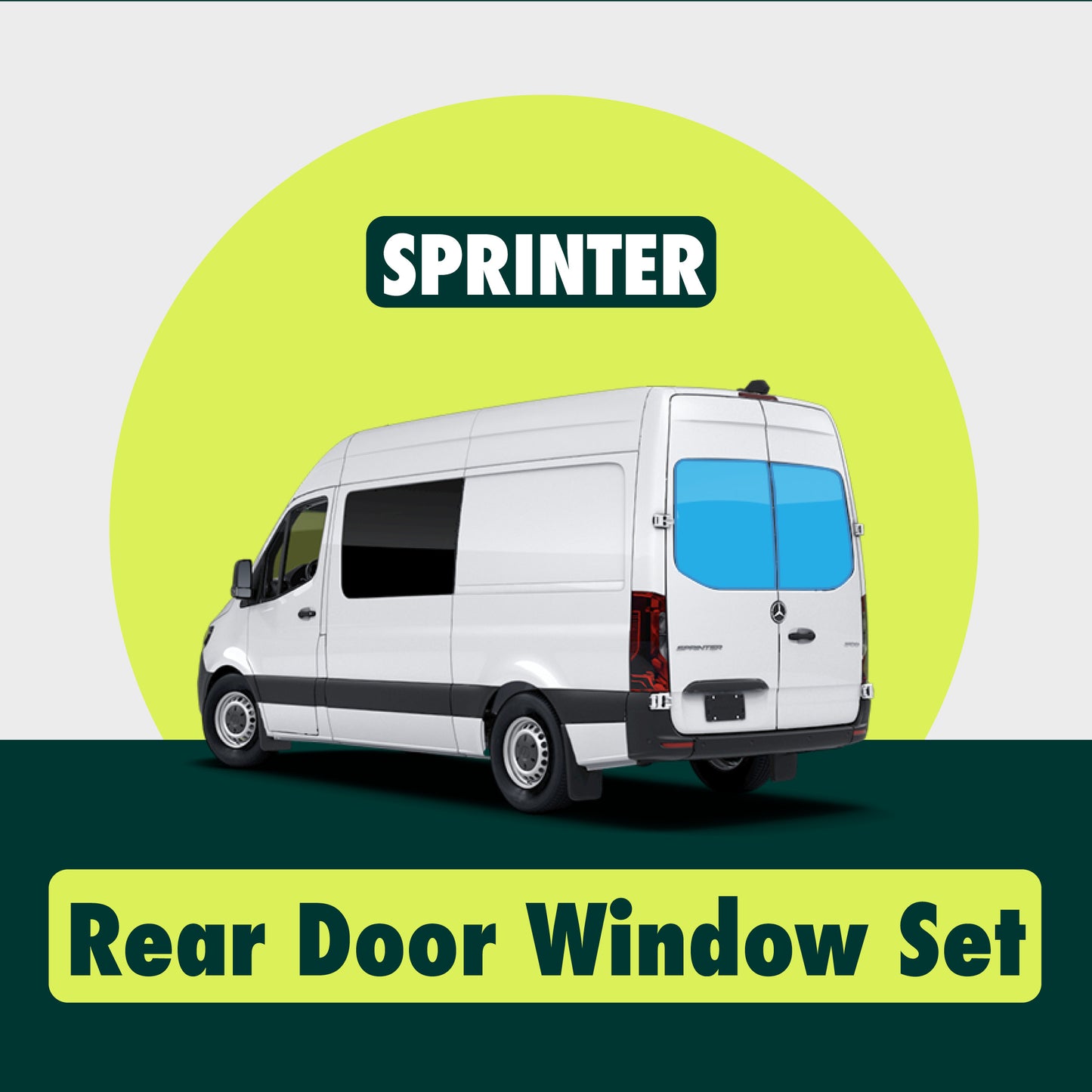 Visual demonstration showing the placement of Sprinter rear window covers highlighted in blue, illustrating their precise fit and coverage.