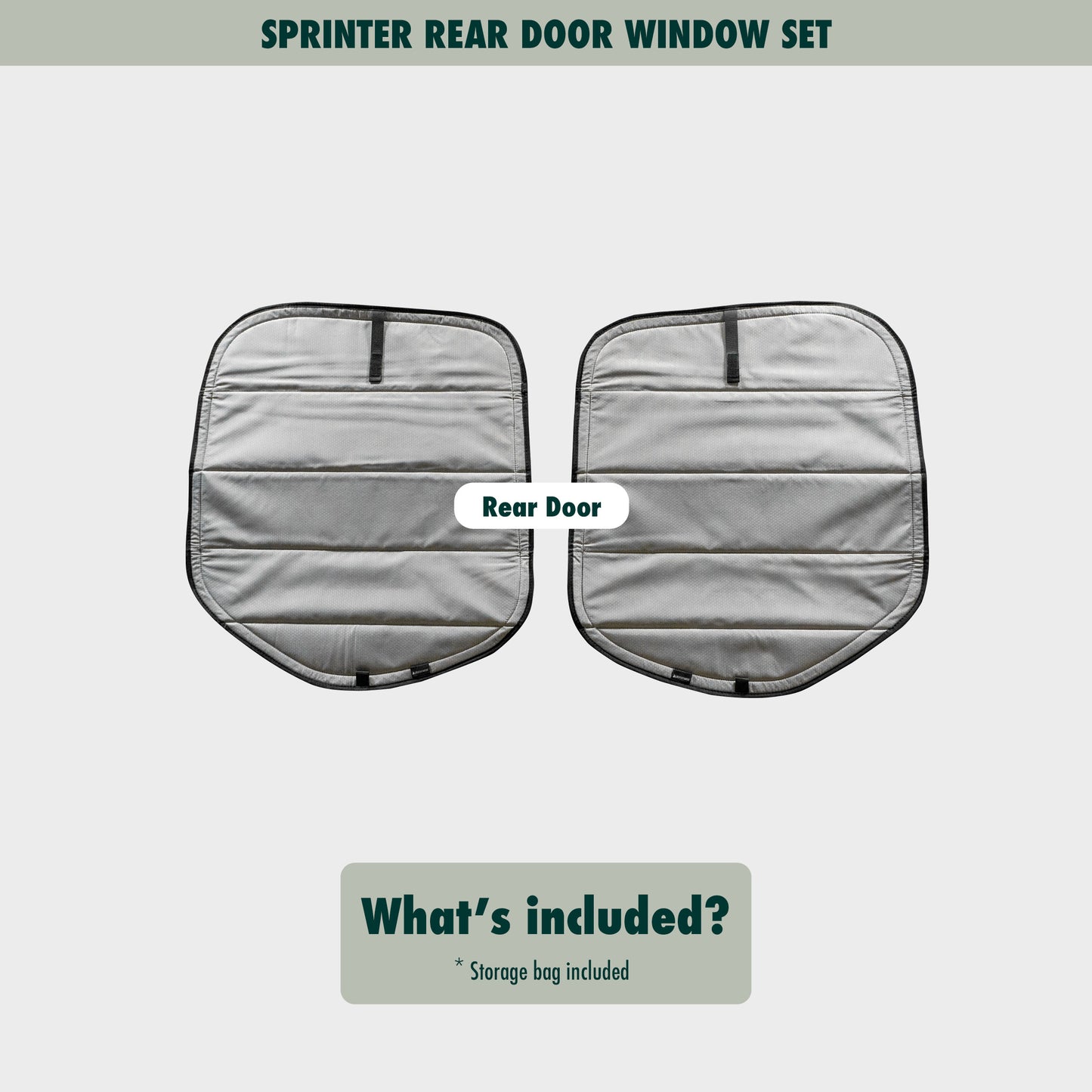 Flat lay image showcasing the Sprinter rear door covers, highlighting their size, shape, and durable material.