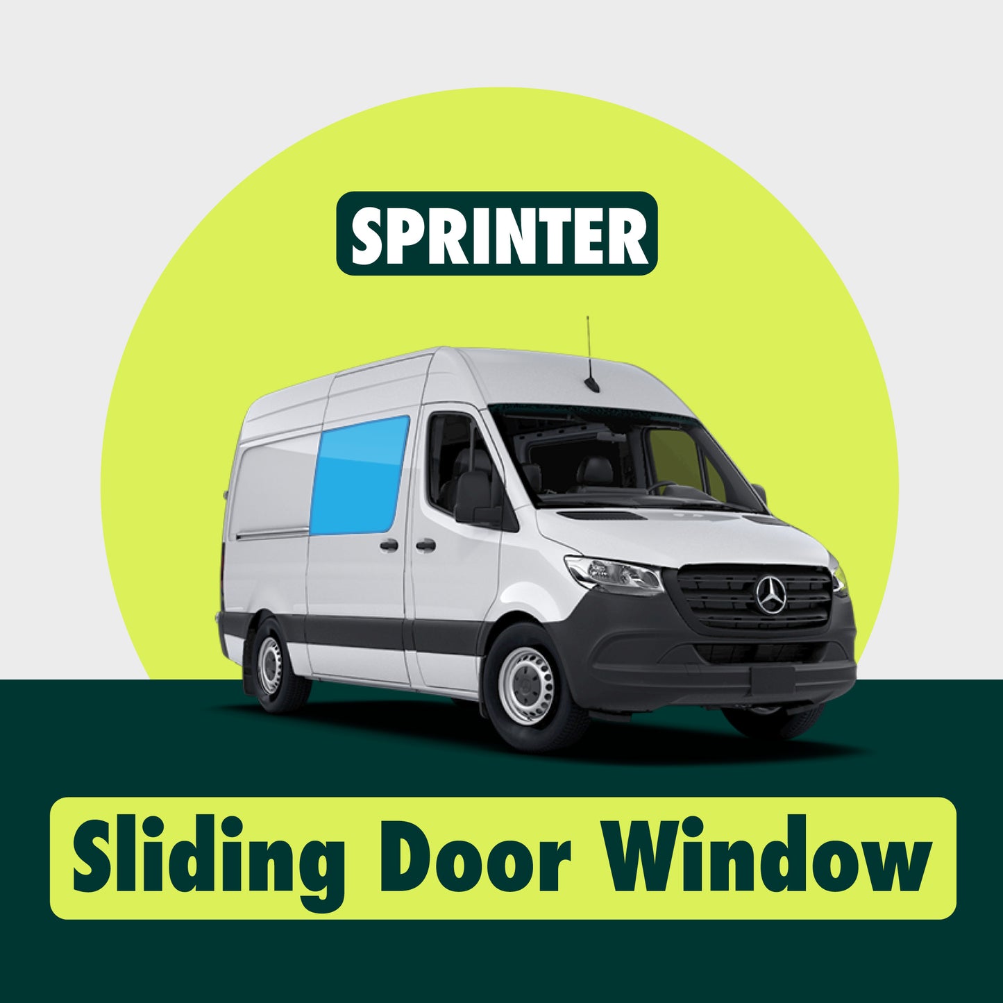 Visual demonstration showing the placement of Sprinter sliding door window covers highlighted in blue, illustrating their precise fit and coverage.