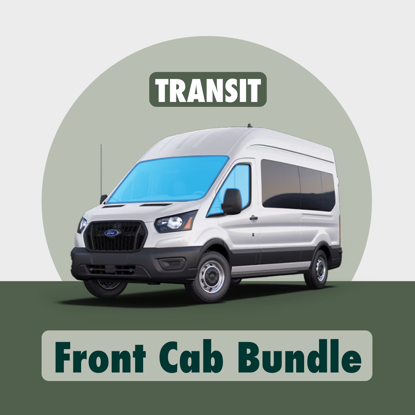 Visual demonstration showing the placement of Transit front cab window covers highlighted in blue, including covers for the windshield and two side windows。