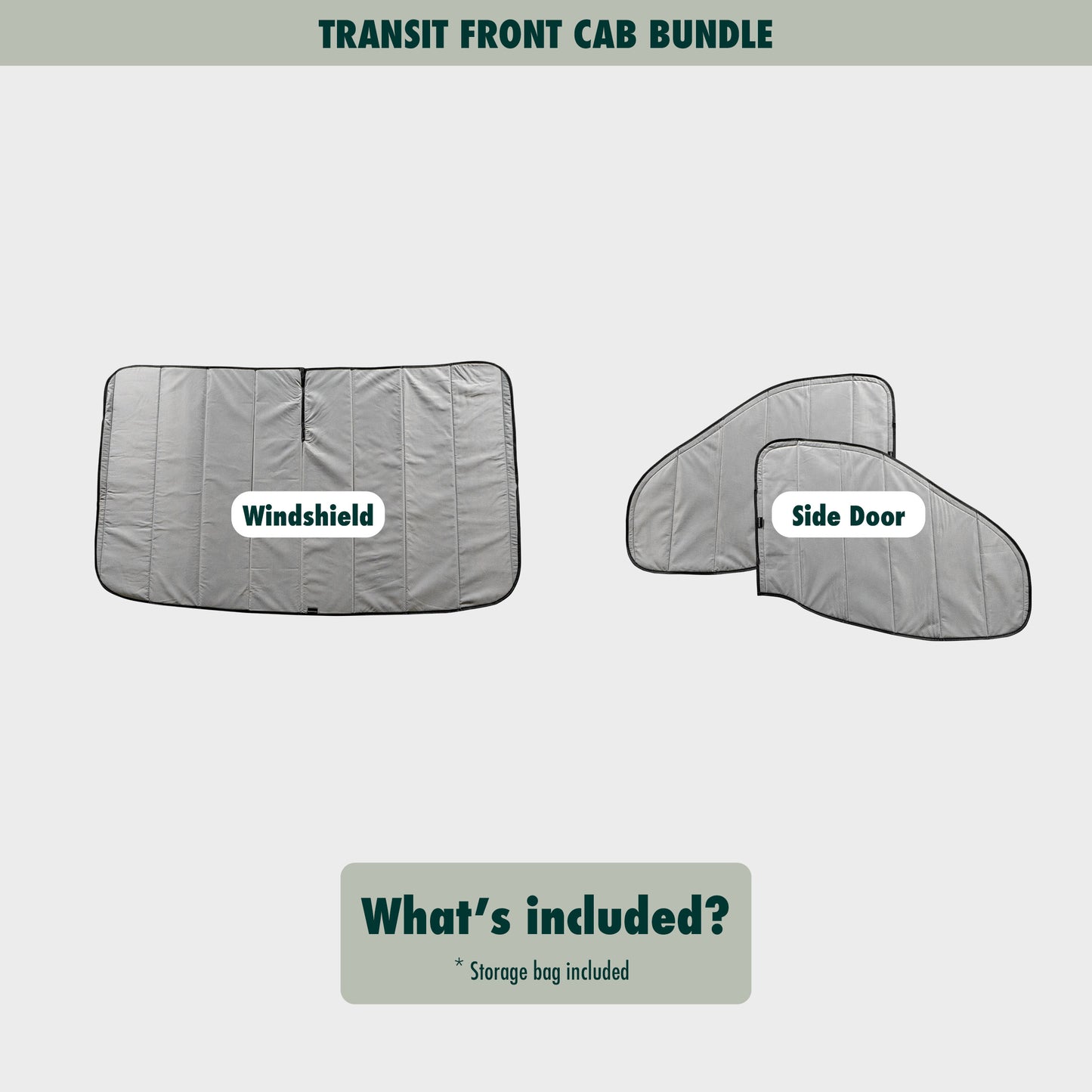 Flat lay image showcasing the Transit windshield and side door covers bundled together, highlighting their size, shape, and durable material.