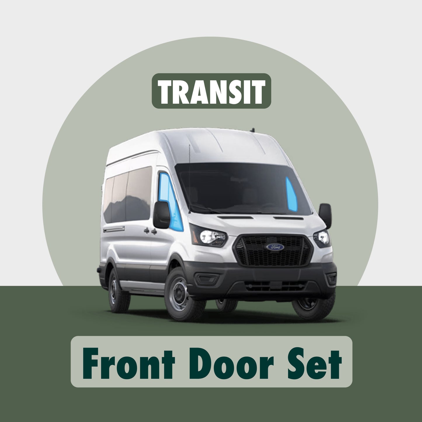 Visual demonstration showing the placement of Transit front door window cover sets highlighted in blue, illustrating their precise fit and coverage.