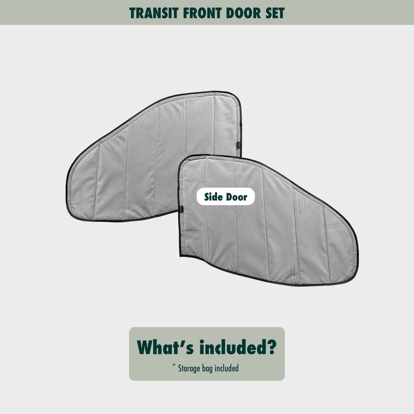 Flat lay image showcasing the Transit front door covers, highlighting their size, shape, and durable material.