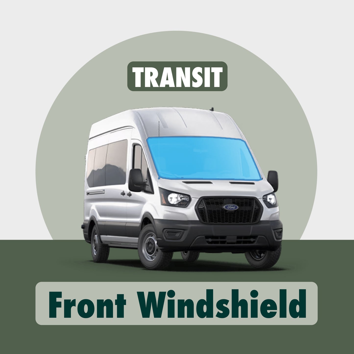 Visual demonstration showing the placement of Transit windshield window cover highlighted in blue, illustrating its precise fit and coverage.