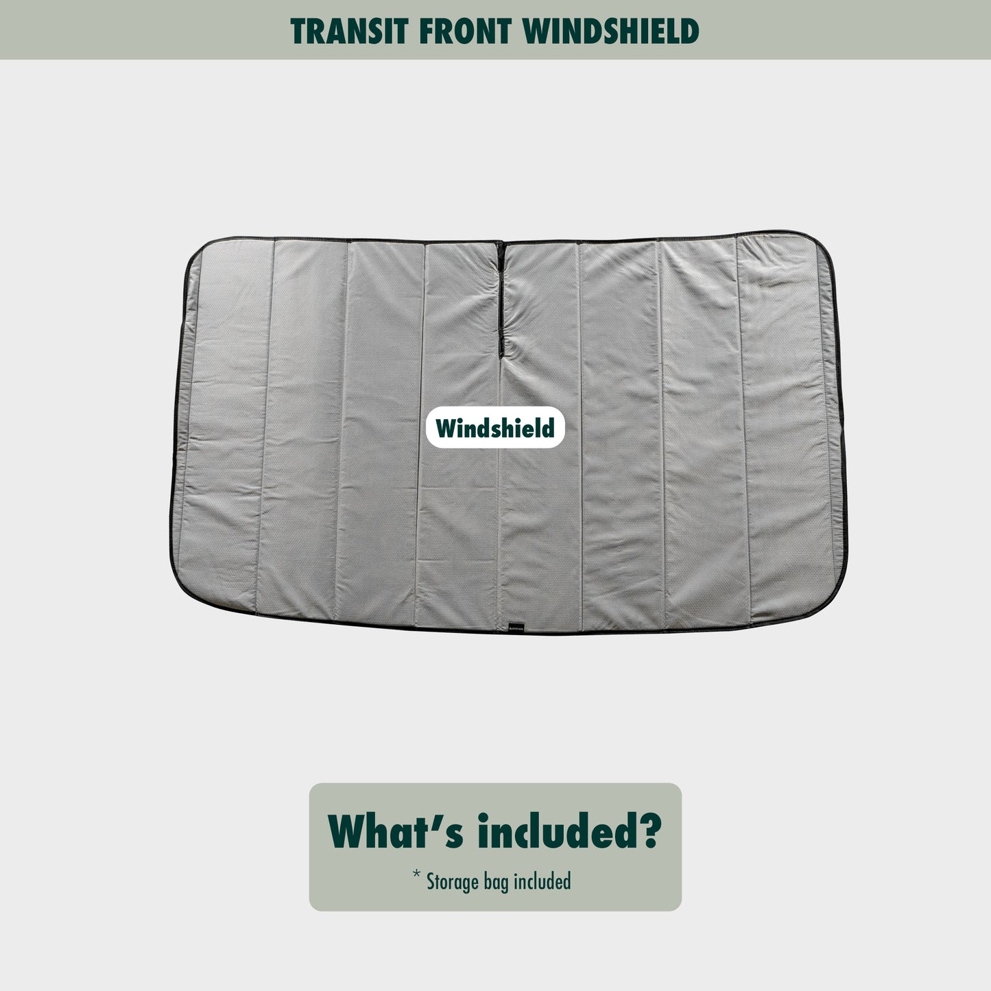 Flat lay image showcasing the Transit windshield cover, highlighting its size, shape, and durable material.