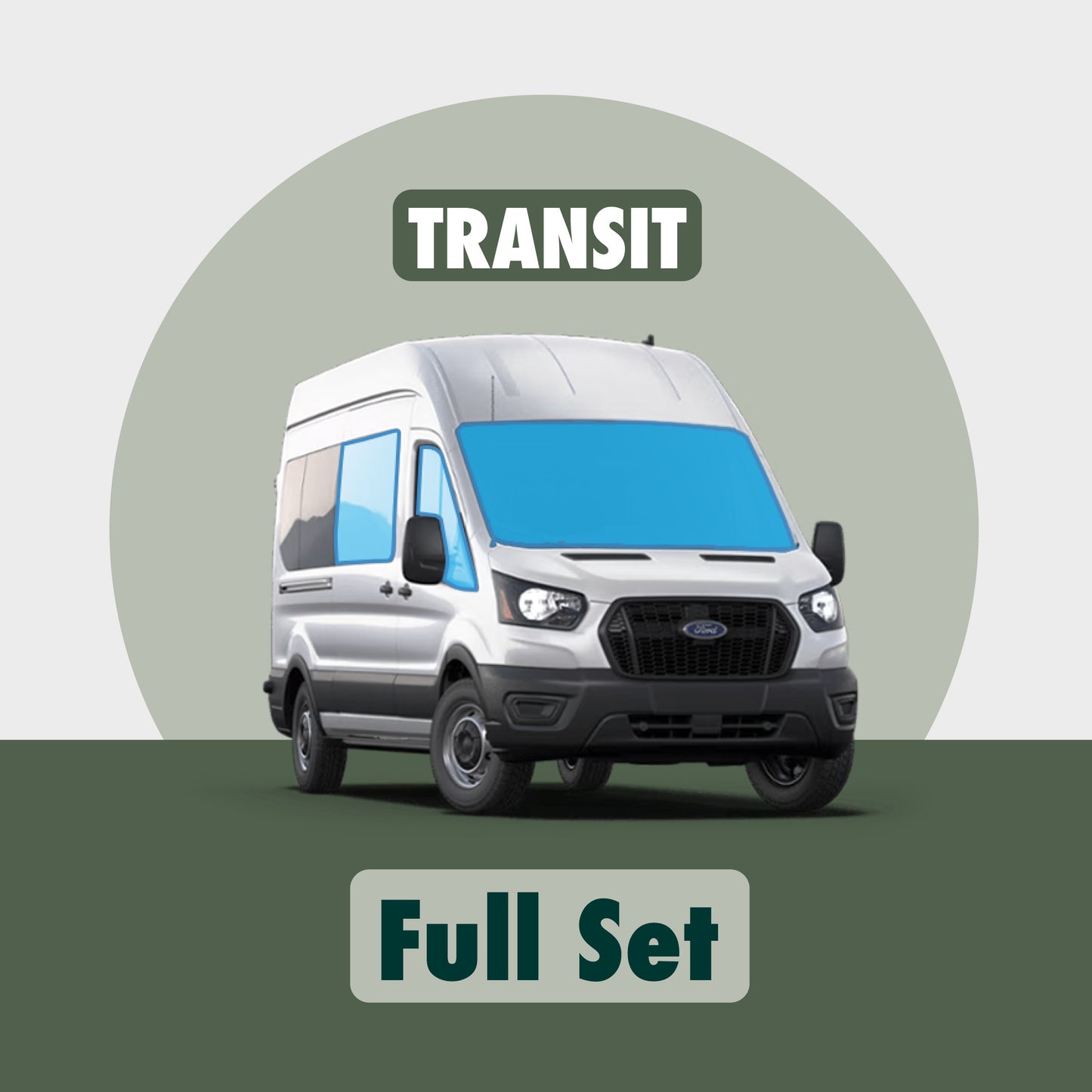 Visual demonstration showing the placement of Transit window covers highlighted in blue, including covers for the windshield, two side windows, sliding door window and rear door windows, illustrating their precise fit and coverage.