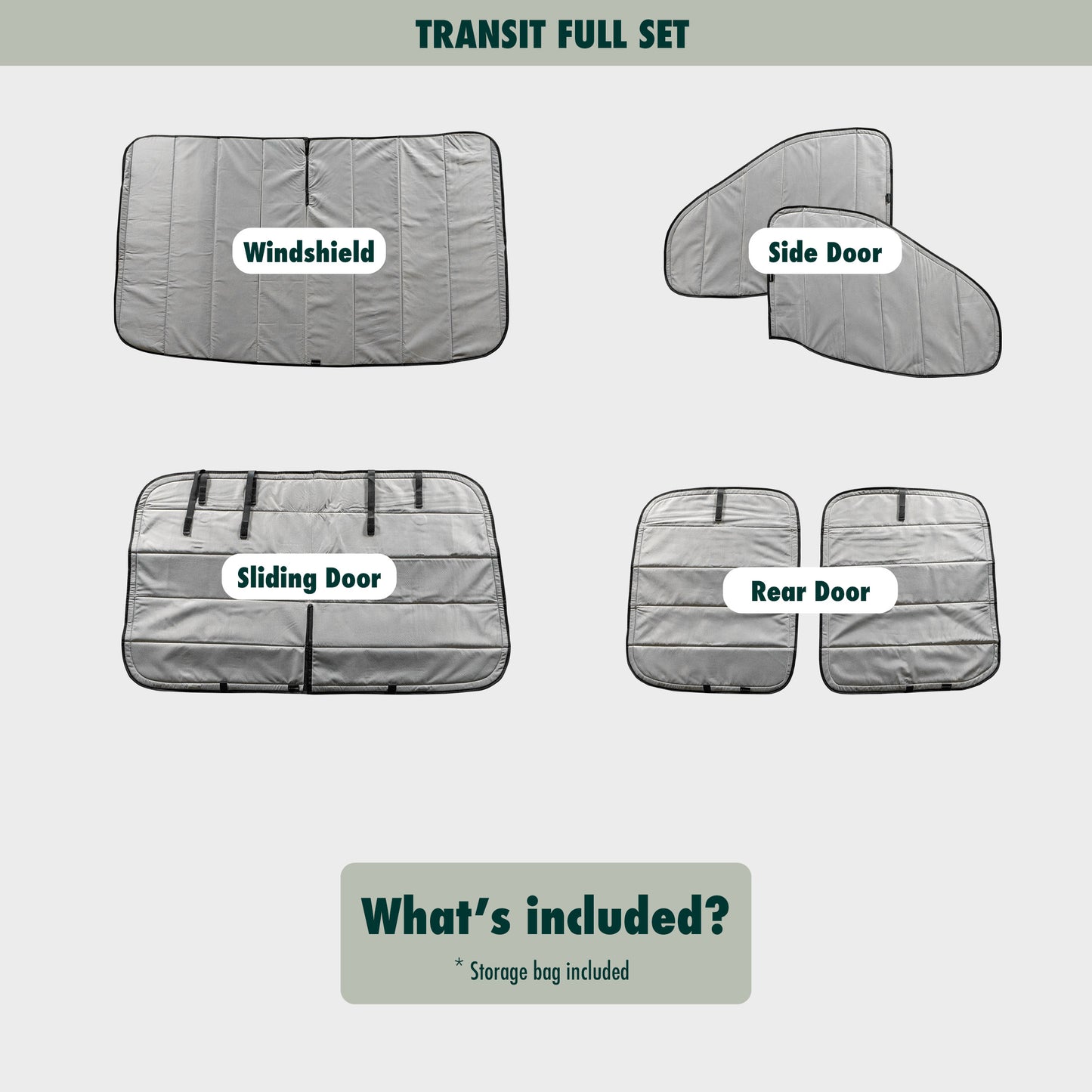 Flat lay image showcasing the Transit covers for the windshield, two side windows, sliding door window and rear door windows bundled together, highlighting their size, shape, and durable material.