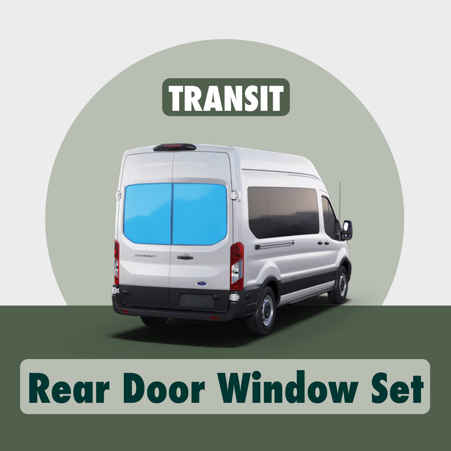 Visual demonstration showing the placement of Transit rear window cover sets highlighted in blue, illustrating their precise fit and coverage.