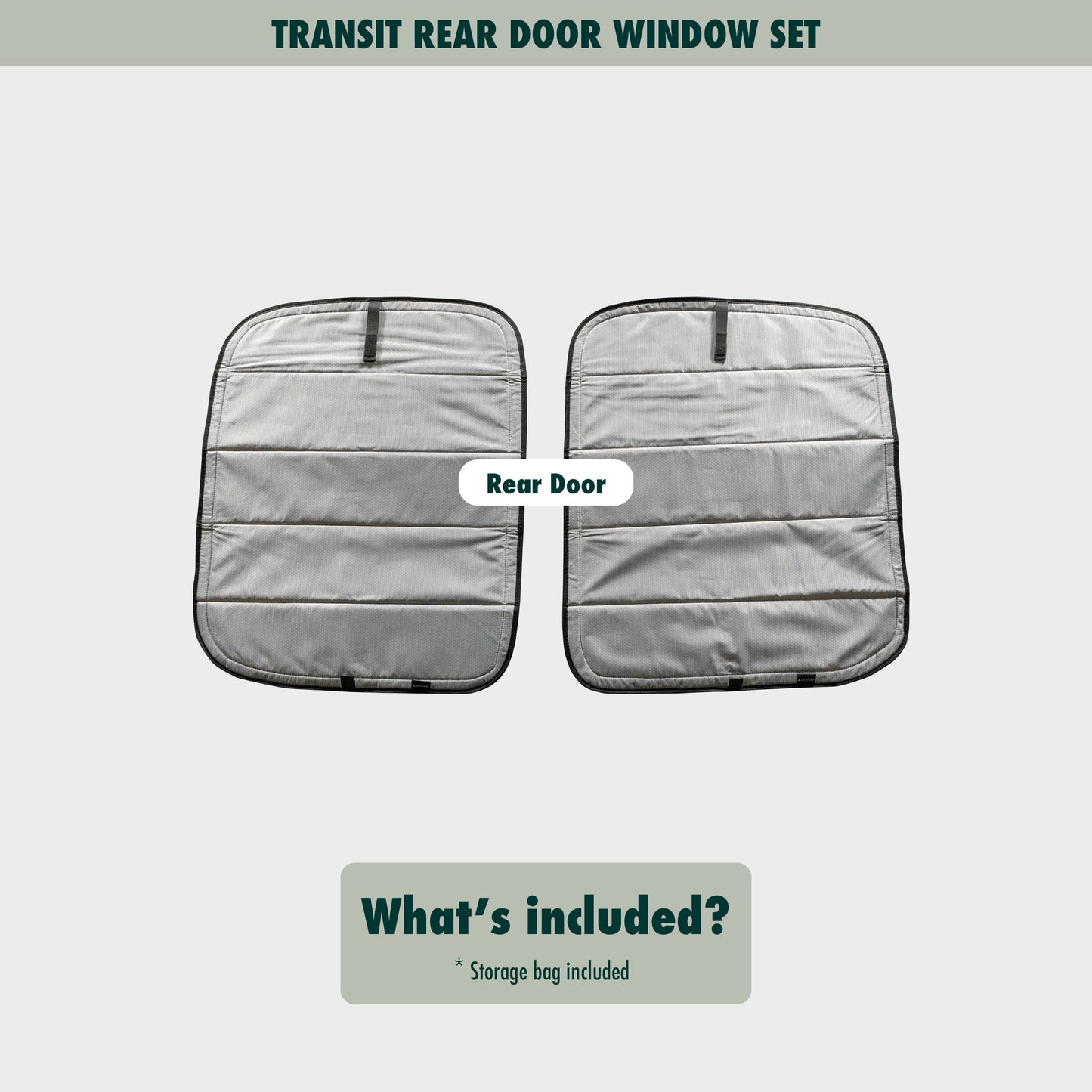 Flat lay image showcasing the Transit rear door covers, highlighting their size, shape, and durable material.