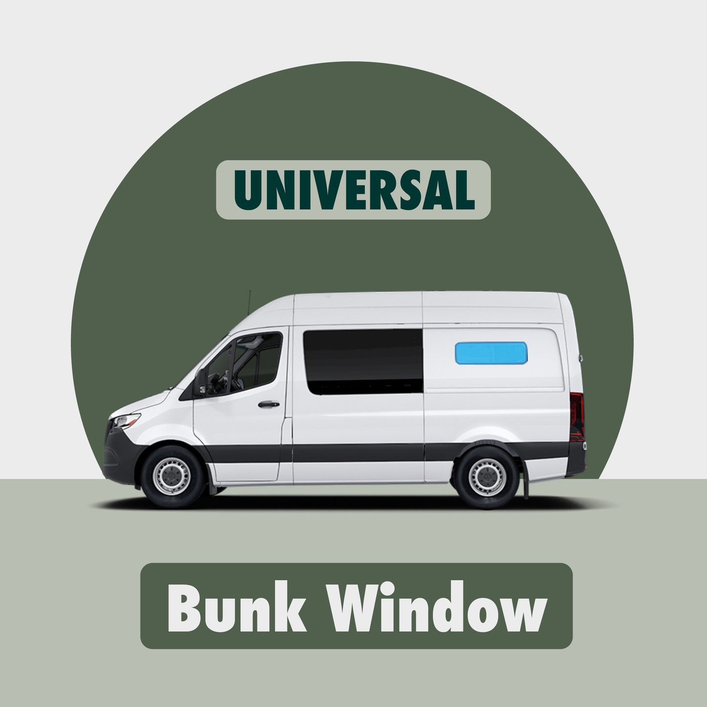 Visual demonstration showing the placement of Transit front bunk window highlighted in blue, illustrating itsprecise fit and coverage.