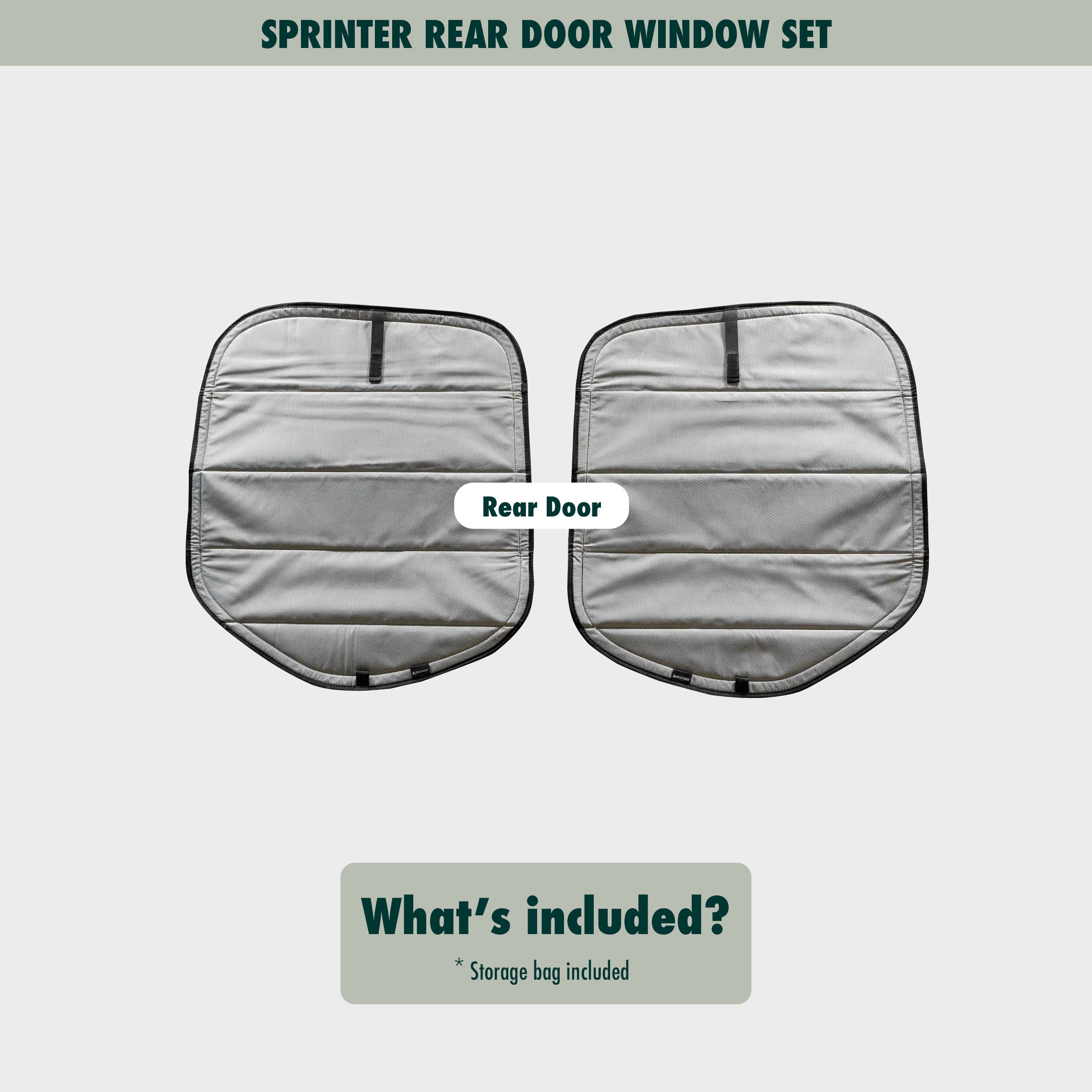 Flat lay image showcasing the Sprinter rear door covers, highlighting their size, shape, and durable material.