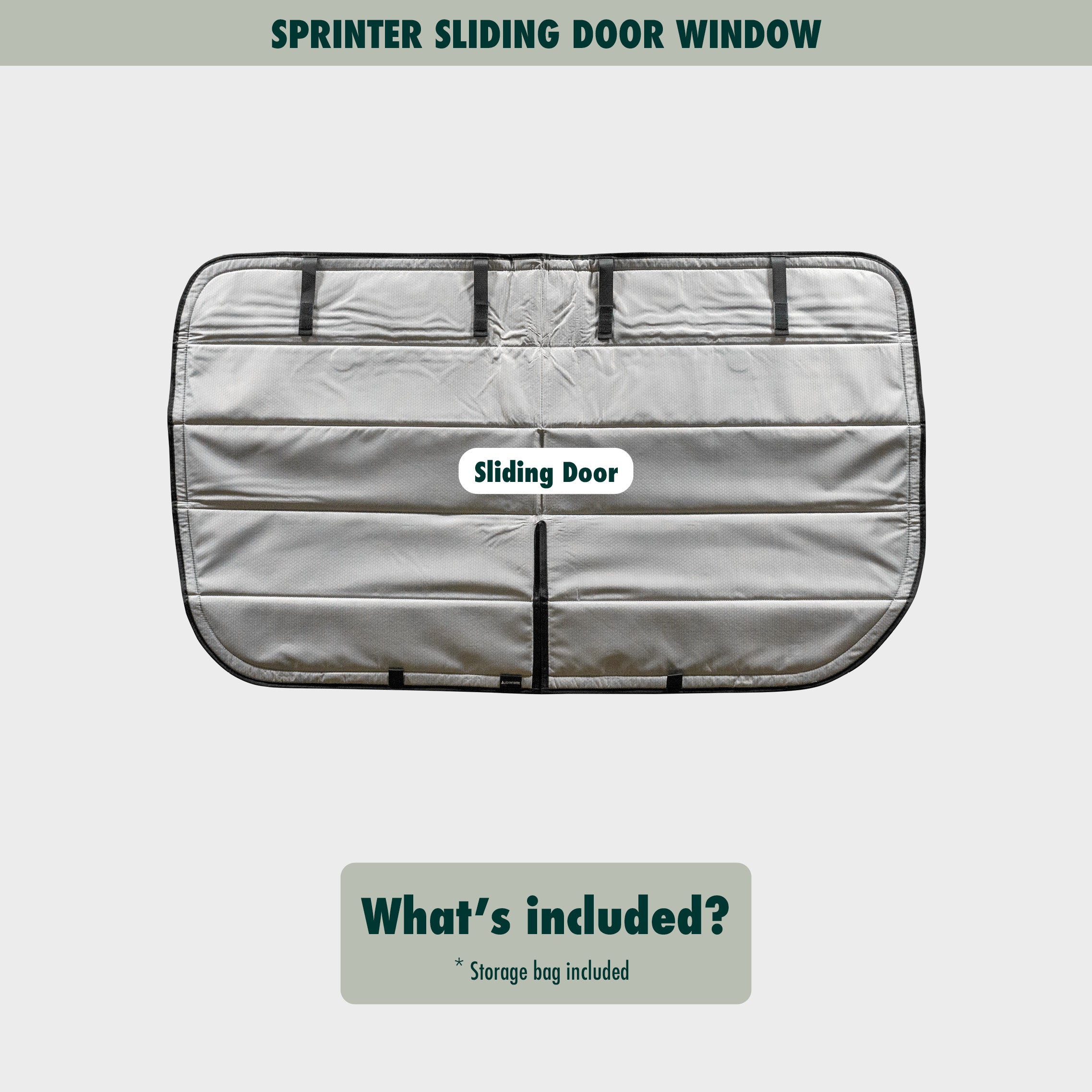 Flat lay image showcasing the Sprinter sliding door cover, highlighting its size, shape, and durable material.
