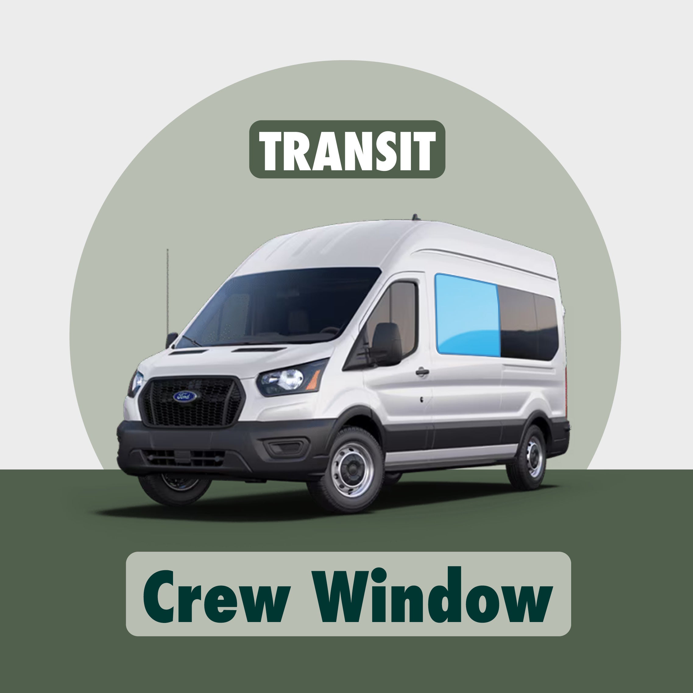 Visual demonstration showing the placement of Transit crew window cover highlighted in blue, illustrating its precise fit and coverage.