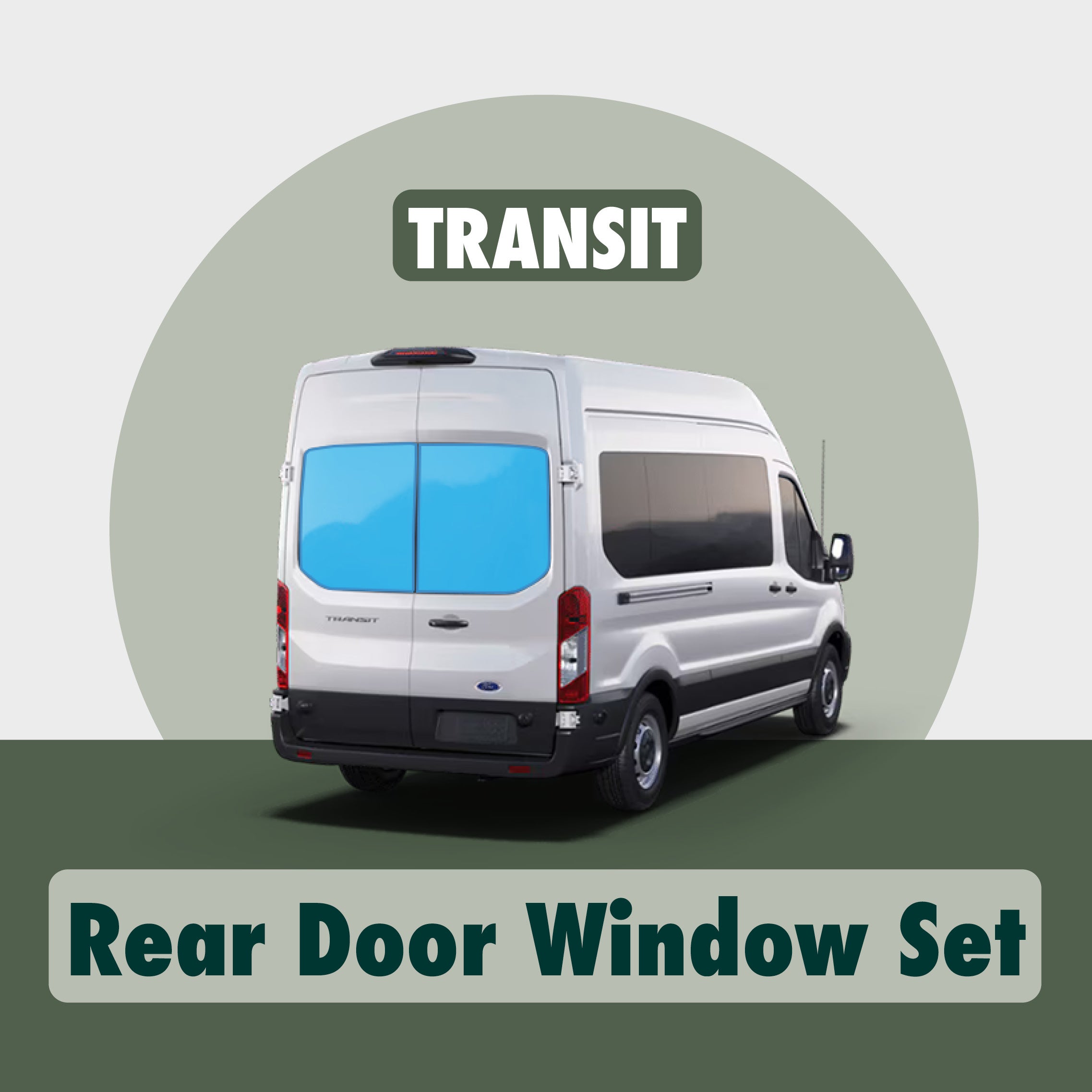Visual demonstration showing the placement of Transit rear window cover sets highlighted in blue, illustrating their precise fit and coverage.