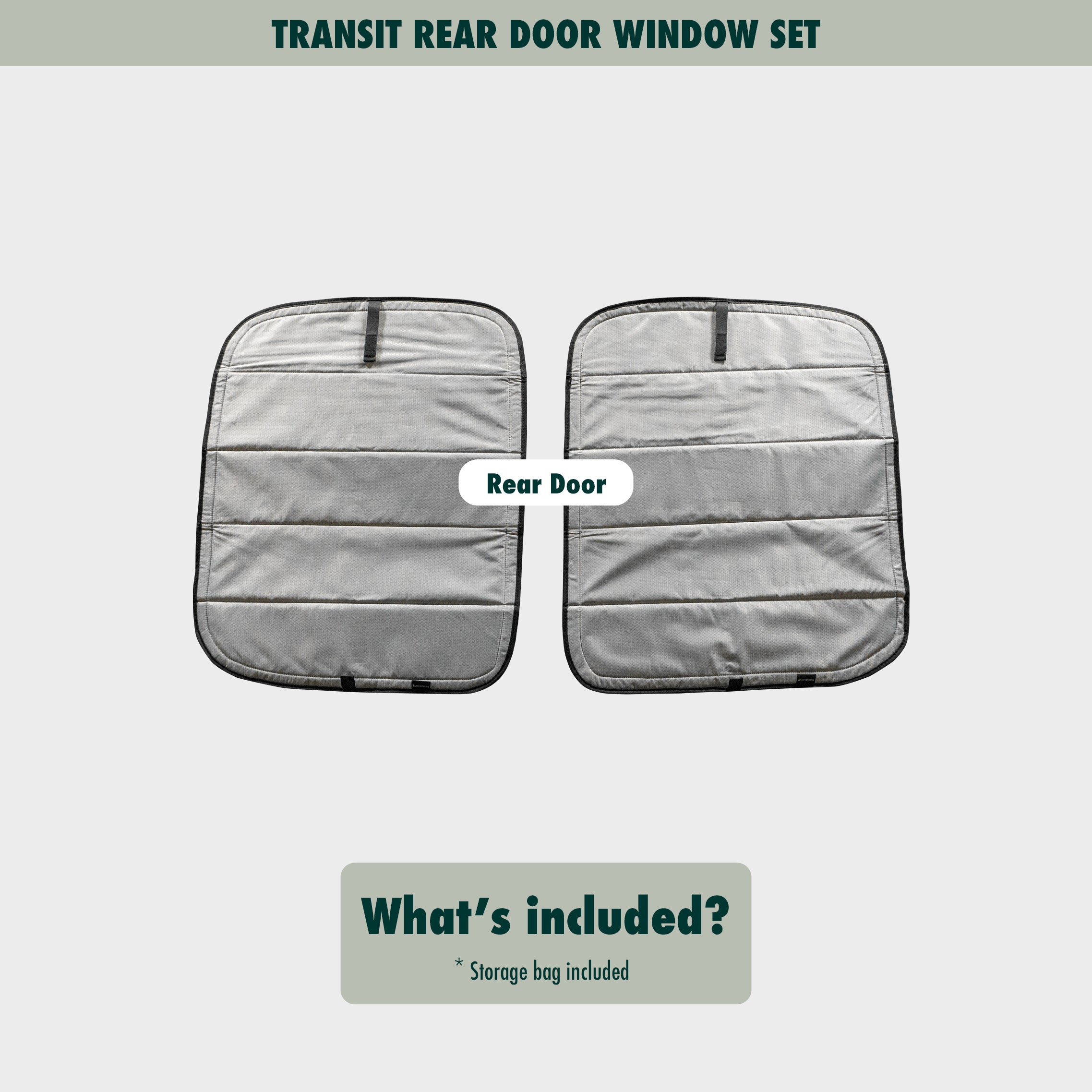 Flat lay image showcasing the Transit rear door covers, highlighting their size, shape, and durable material.